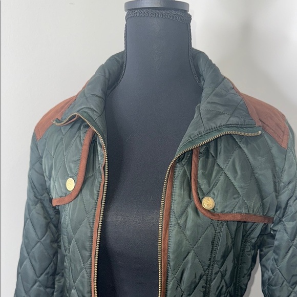 Green Quilted Utility Jacket with Brown Trim - Picture 2 of 9